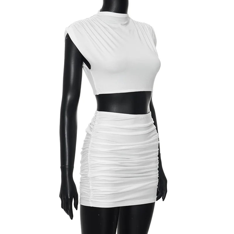 O-Neck Crop Top Summer Dress Set Sleeveless Two Piece Sets Womens Outfits Mini Skirt Folds Ensembles De Jupes Conjuntos De Falda