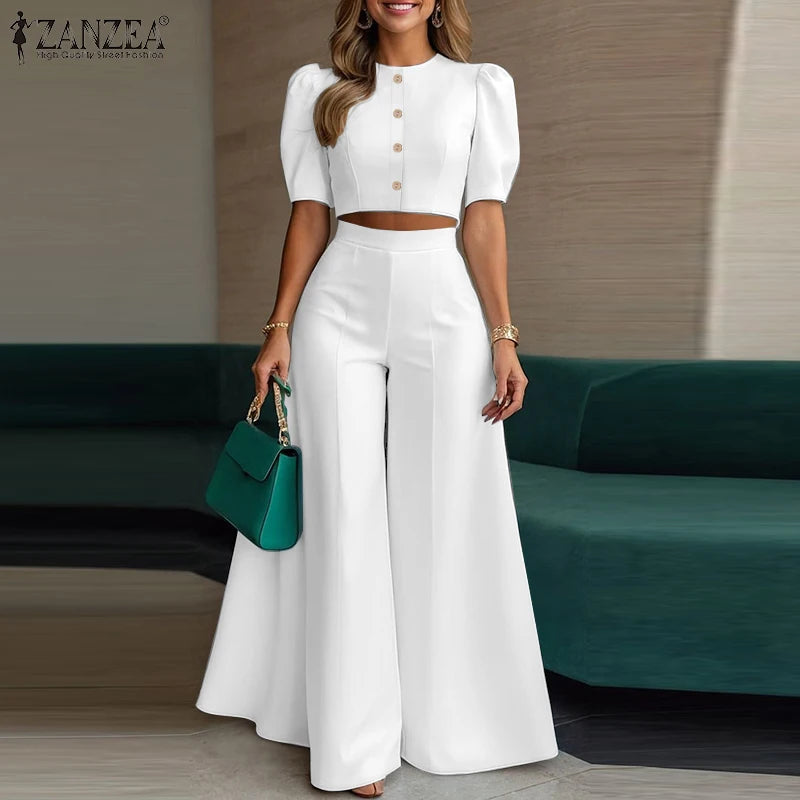 ZANZEA Short Puff Sleeve Crop Tops Stylish 2 Piece Sets Street Fashion Office Wide Leg Pants Woman 2PCS Outfit Elegant Pant Sets
