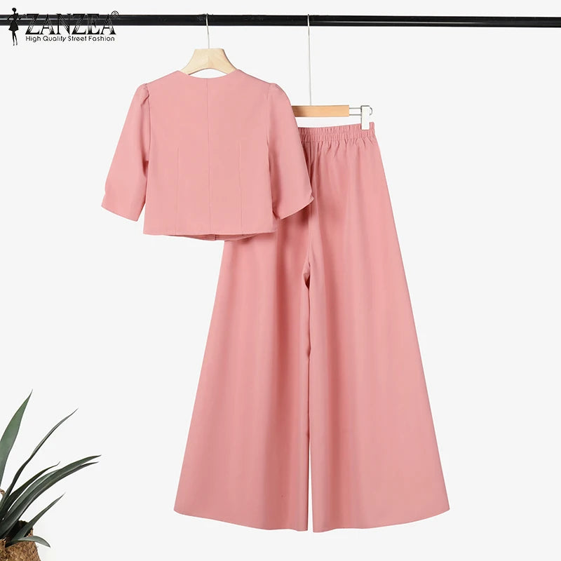 ZANZEA Short Puff Sleeve Crop Tops Stylish 2 Piece Sets Street Fashion Office Wide Leg Pants Woman 2PCS Outfit Elegant Pant Sets
