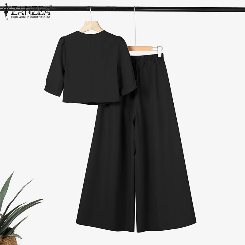 ZANZEA Short Puff Sleeve Crop Tops Stylish 2 Piece Sets Street Fashion Office Wide Leg Pants Woman 2PCS Outfit Elegant Pant Sets
