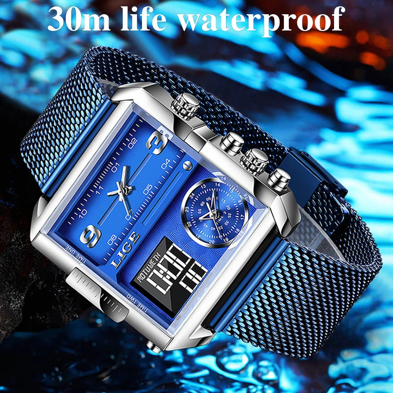 LIGE Luxury Men Quartz Digital Watch Creative Sport Watches Male Waterproof Wristwatch Montre Homme Clock Relogios Masculino+box