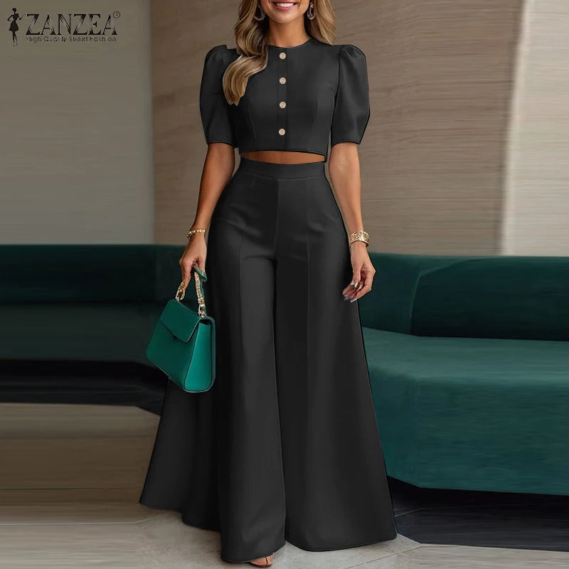 ZANZEA Short Puff Sleeve Crop Tops Stylish 2 Piece Sets Street Fashion Office Wide Leg Pants Woman 2PCS Outfit Elegant Pant Sets