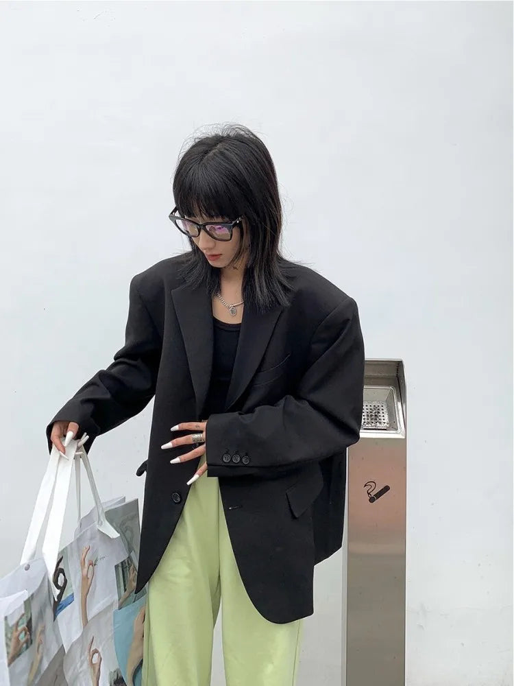 Fashion Oversize Women Casual Black Blazers Spring Autumn Loose Outerwear High Street Boyfriend Style Suit Jacket Female