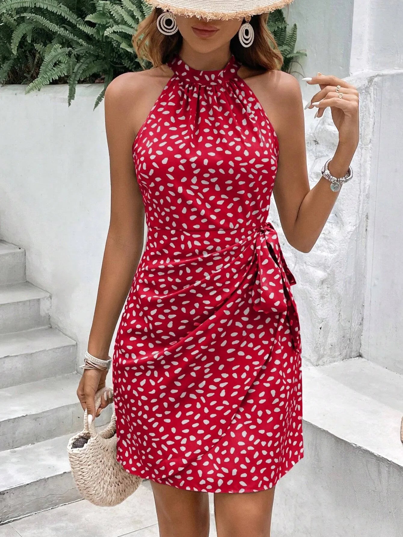 Elegant floral print dresses for summer women's dress 2024 new O-neck halter sleeveless fashionable zipper pleated mini dress