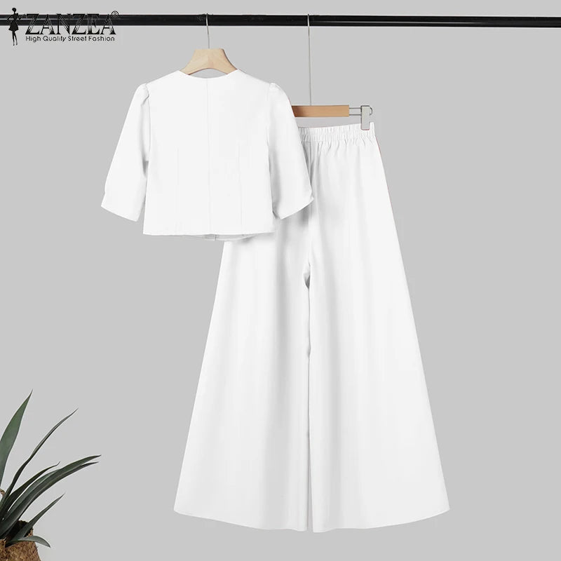 ZANZEA Short Puff Sleeve Crop Tops Stylish 2 Piece Sets Street Fashion Office Wide Leg Pants Woman 2PCS Outfit Elegant Pant Sets