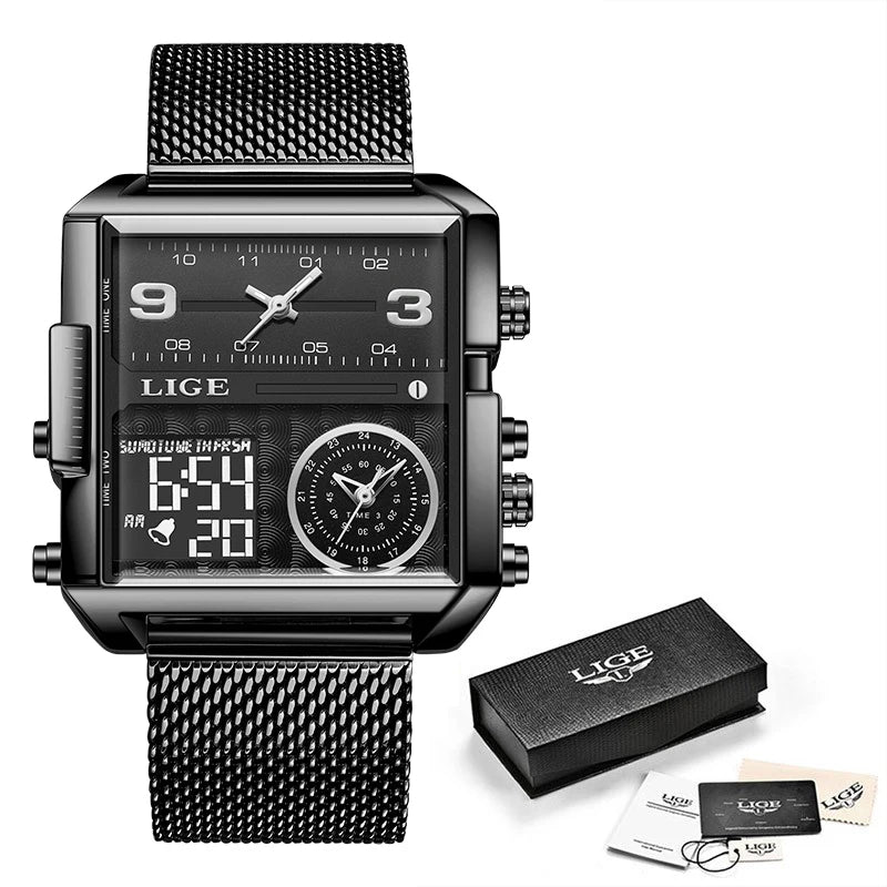 LIGE Luxury Men Quartz Digital Watch Creative Sport Watches Male Waterproof Wristwatch Montre Homme Clock Relogios Masculino+box