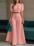 ZANZEA Short Puff Sleeve Crop Tops Stylish 2 Piece Sets Street Fashion Office Wide Leg Pants Woman 2PCS Outfit Elegant Pant Sets