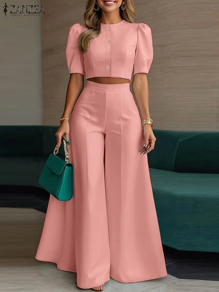 ZANZEA Short Puff Sleeve Crop Tops Stylish 2 Piece Sets Street Fashion Office Wide Leg Pants Woman 2PCS Outfit Elegant Pant Sets
