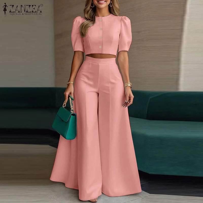 ZANZEA Short Puff Sleeve Crop Tops Stylish 2 Piece Sets Street Fashion Office Wide Leg Pants Woman 2PCS Outfit Elegant Pant Sets