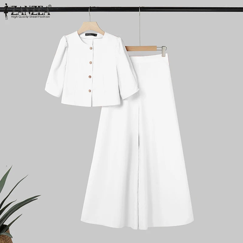 ZANZEA Short Puff Sleeve Crop Tops Stylish 2 Piece Sets Street Fashion Office Wide Leg Pants Woman 2PCS Outfit Elegant Pant Sets