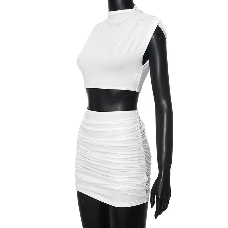 O-Neck Crop Top Summer Dress Set Sleeveless Two Piece Sets Womens Outfits Mini Skirt Folds Ensembles De Jupes Conjuntos De Falda