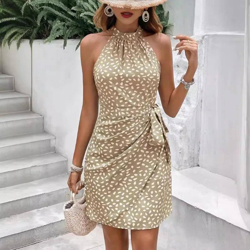 Elegant floral print dresses for summer women's dress 2024 new O-neck halter sleeveless fashionable zipper pleated mini dress