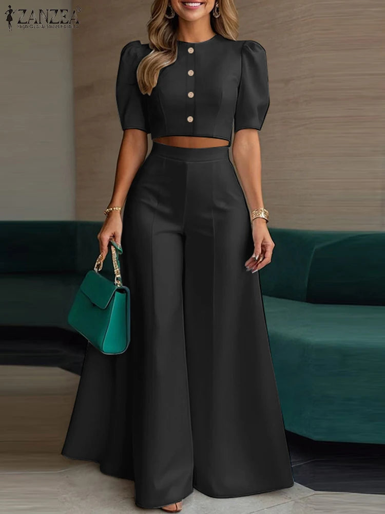 ZANZEA Short Puff Sleeve Crop Tops Stylish 2 Piece Sets Street Fashion Office Wide Leg Pants Woman 2PCS Outfit Elegant Pant Sets