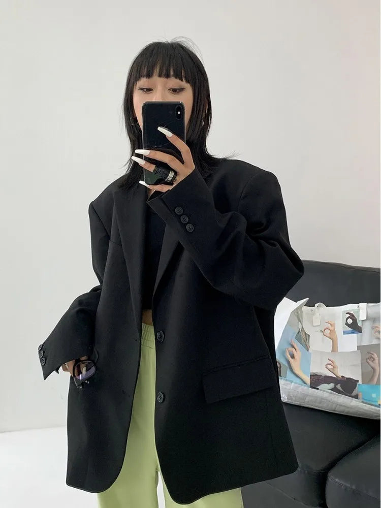 Fashion Oversize Women Casual Black Blazers Spring Autumn Loose Outerwear High Street Boyfriend Style Suit Jacket Female