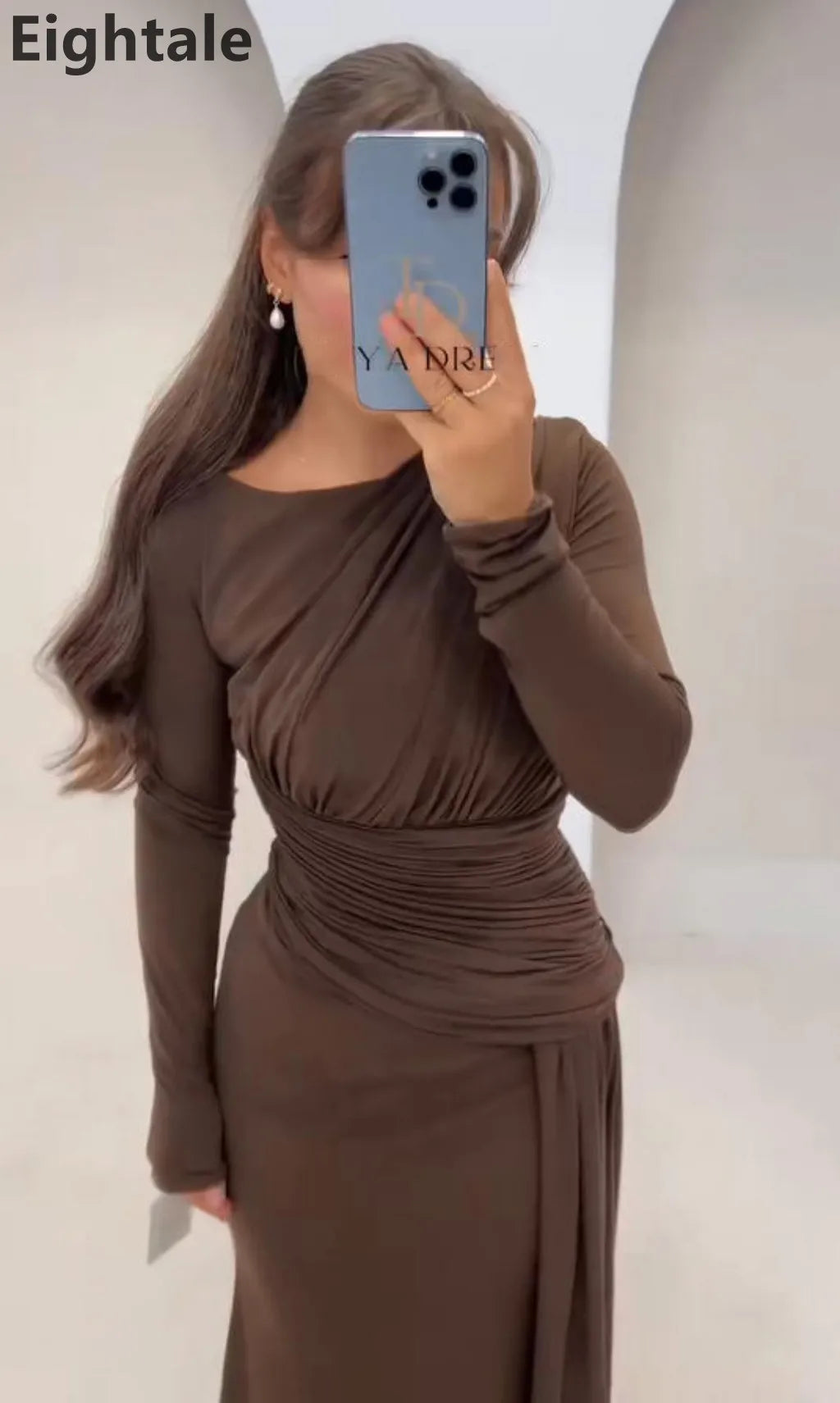 Eightale 2025 Brown Evening Dress O-Neck Pleat Long Sleeves Muslim Customized Arabic Prom Gown Muslim Party Dress robe de soiree