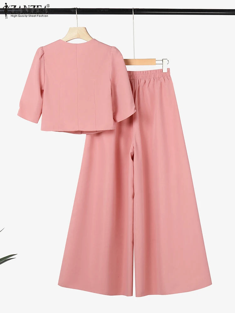 ZANZEA Short Puff Sleeve Crop Tops Stylish 2 Piece Sets Street Fashion Office Wide Leg Pants Woman 2PCS Outfit Elegant Pant Sets