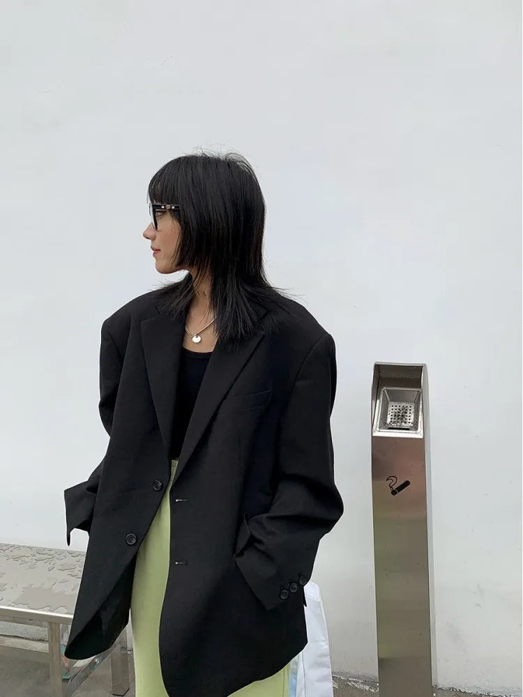 Fashion Oversize Women Casual Black Blazers Spring Autumn Loose Outerwear High Street Boyfriend Style Suit Jacket Female