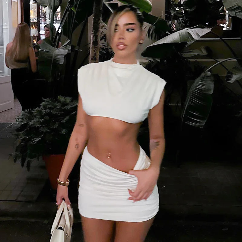 O-Neck Crop Top Summer Dress Set Sleeveless Two Piece Sets Womens Outfits Mini Skirt Folds Ensembles De Jupes Conjuntos De Falda