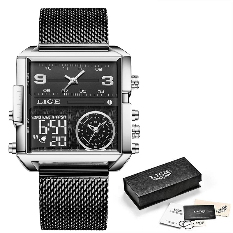 LIGE Luxury Men Quartz Digital Watch Creative Sport Watches Male Waterproof Wristwatch Montre Homme Clock Relogios Masculino+box