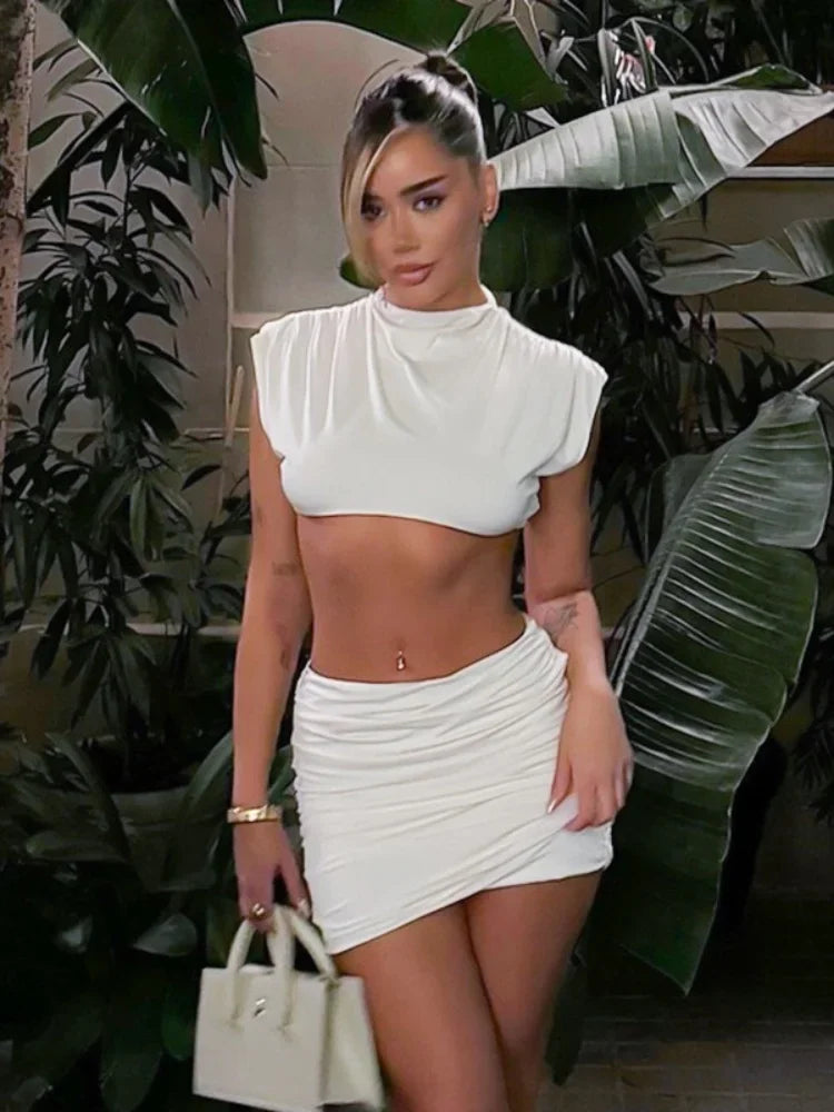 O-Neck Crop Top Summer Dress Set Sleeveless Two Piece Sets Womens Outfits Mini Skirt Folds Ensembles De Jupes Conjuntos De Falda