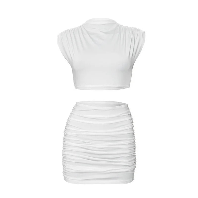 O-Neck Crop Top Summer Dress Set Sleeveless Two Piece Sets Womens Outfits Mini Skirt Folds Ensembles De Jupes Conjuntos De Falda