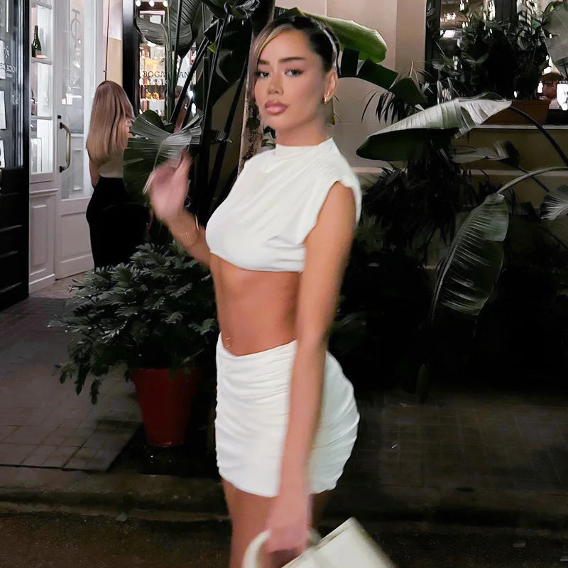 O-Neck Crop Top Summer Dress Set Sleeveless Two Piece Sets Womens Outfits Mini Skirt Folds Ensembles De Jupes Conjuntos De Falda